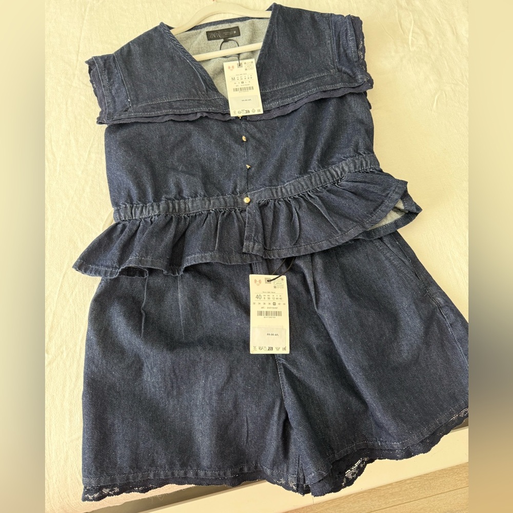 Zara Navy Blue Denim Shorts Set